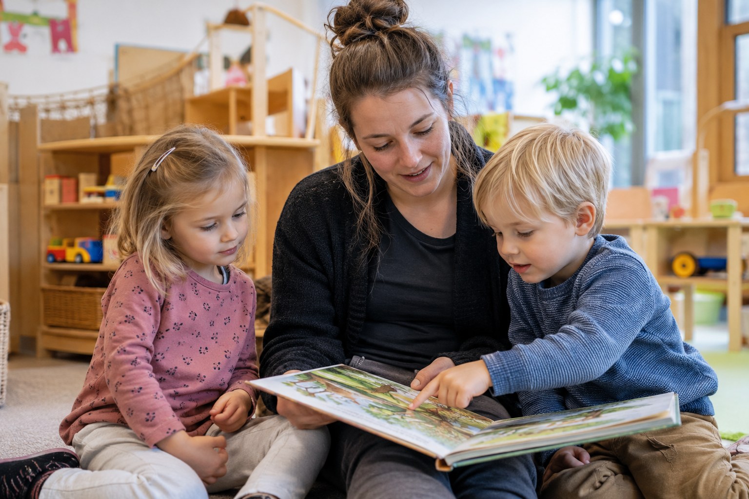 Erzieherin betrachtet mit Kindern ein Bilderbuch.