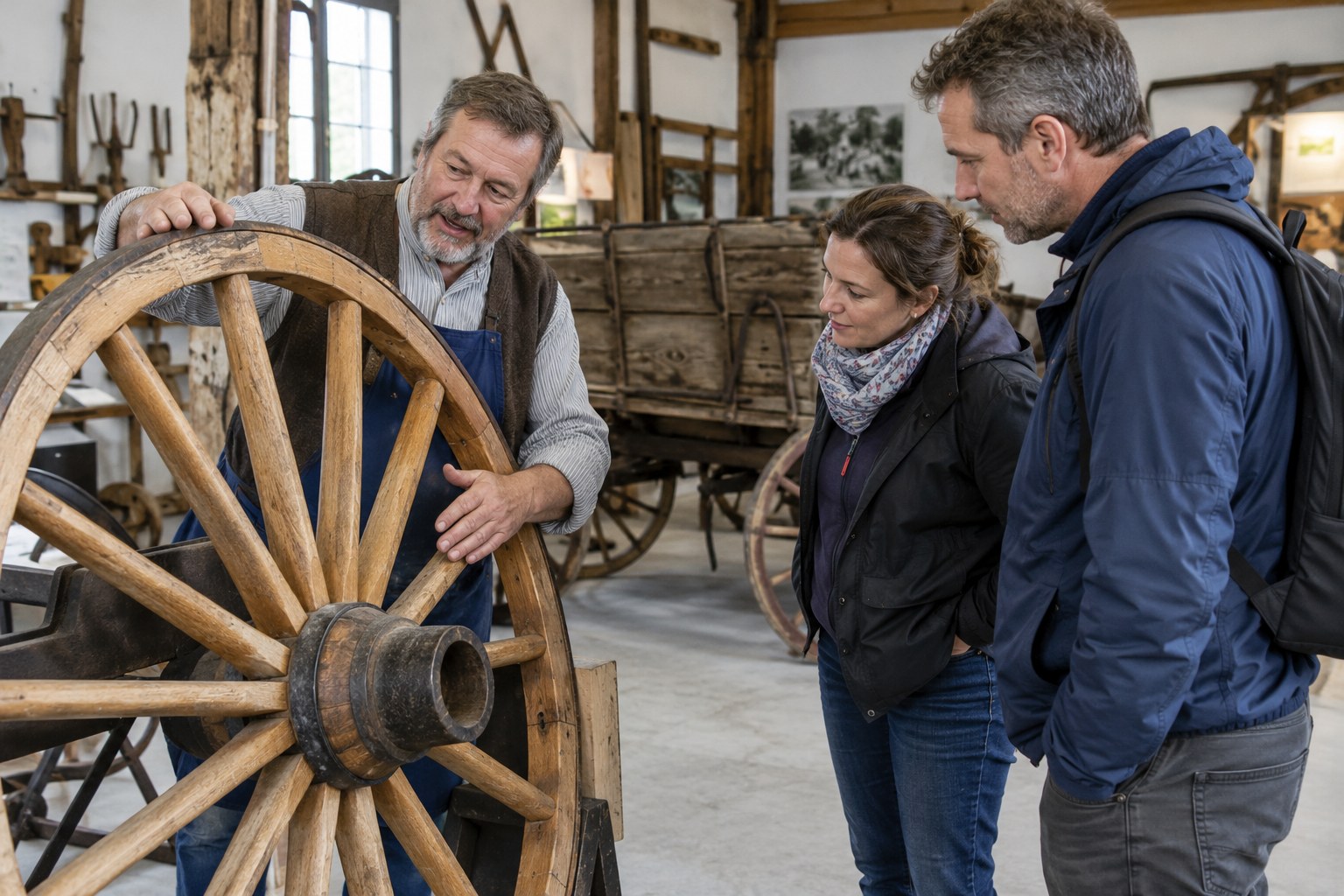 Vorführung traditioneller Radfertigung in einem Museum.