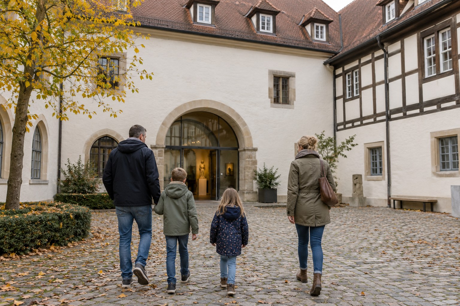 Familie im Hof eines regionalen Museums.