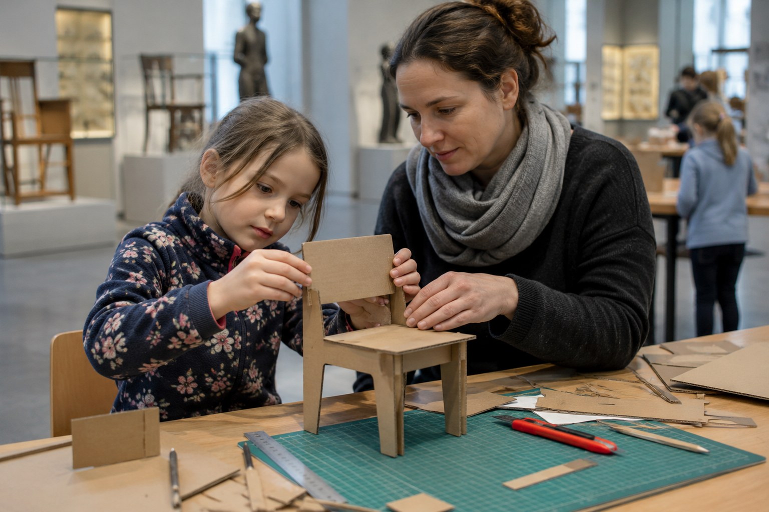 Kind und Begleitperson bauen ein kleines Stuhlmodell aus Karton.