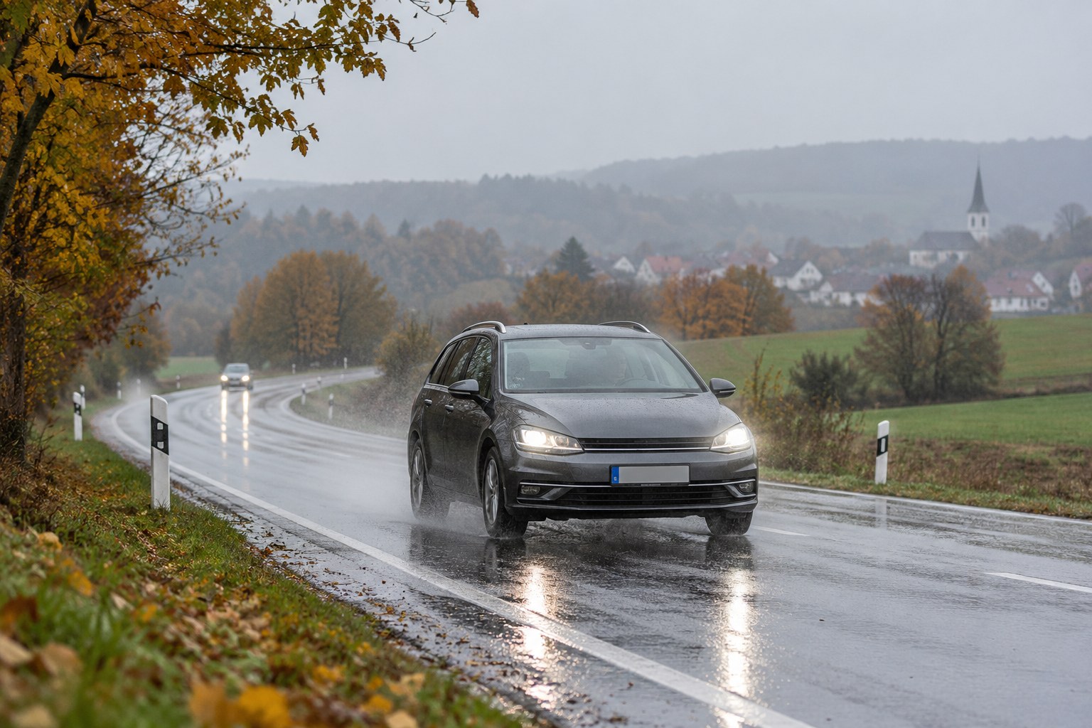 Auto auf einer regennassen Straße.