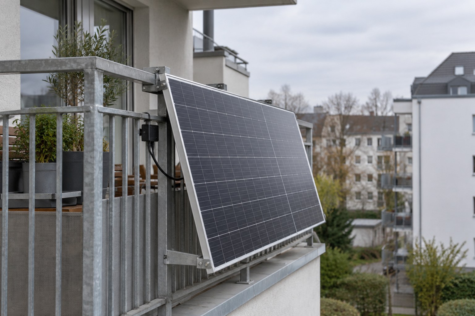 Solarmodul an einem Balkongeländer.