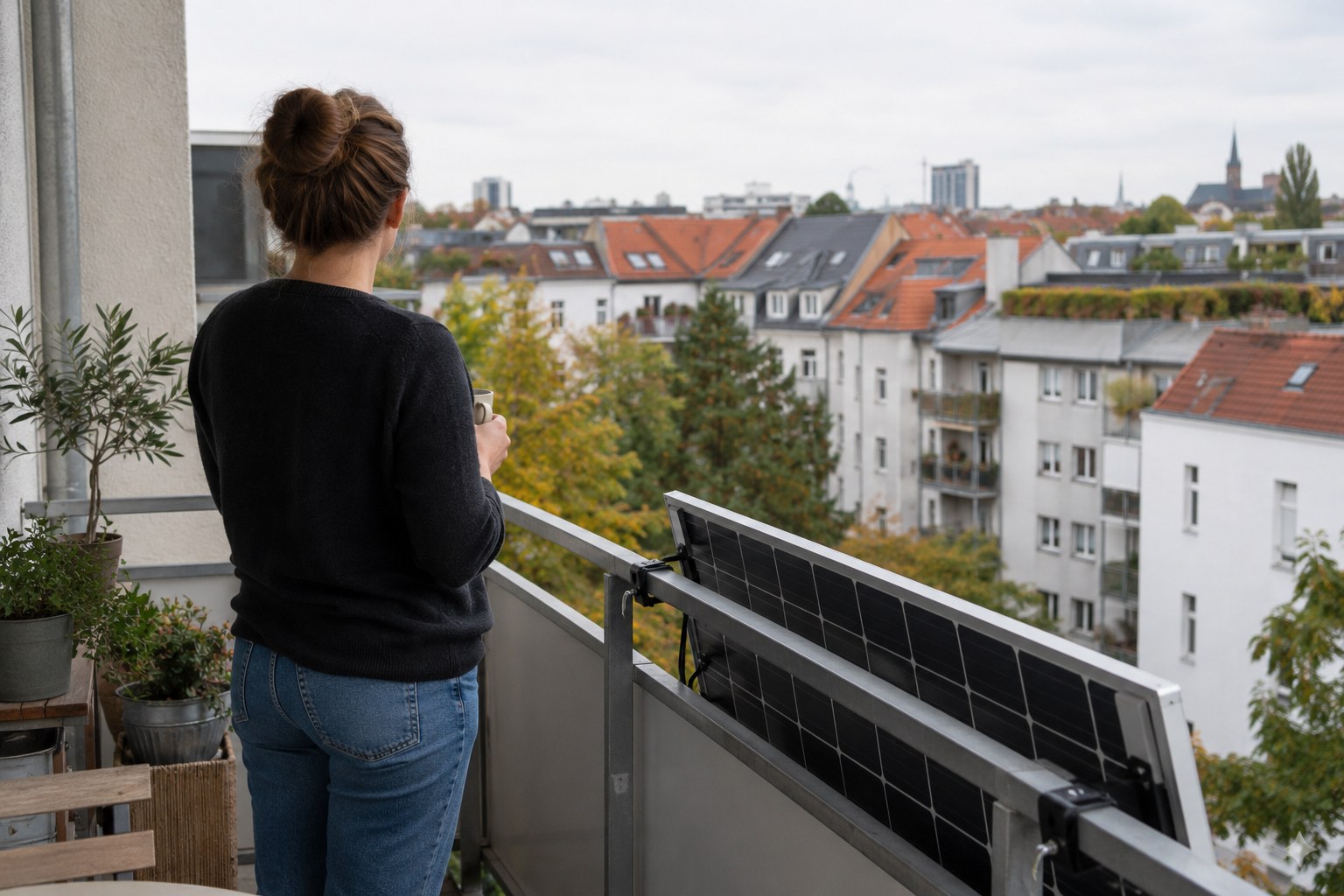 Bewohner auf einem Balkon mit Solarmodul.