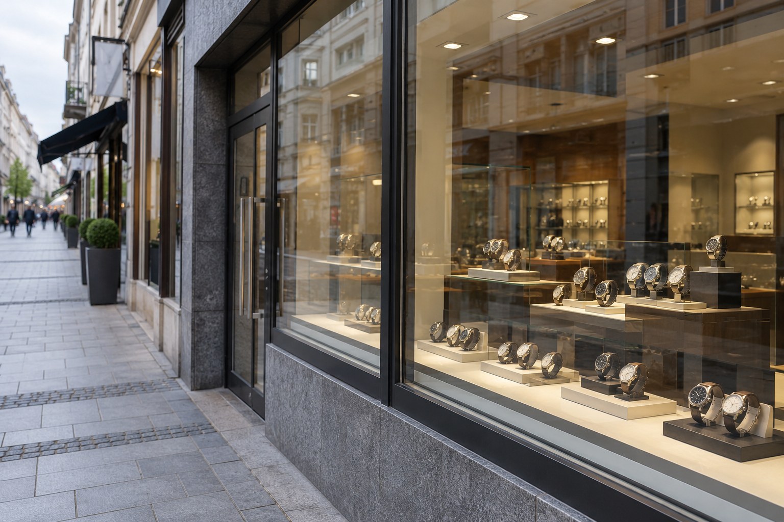 Schaufenster eines Uhrengeschäfts an einer Einkaufsstraße.