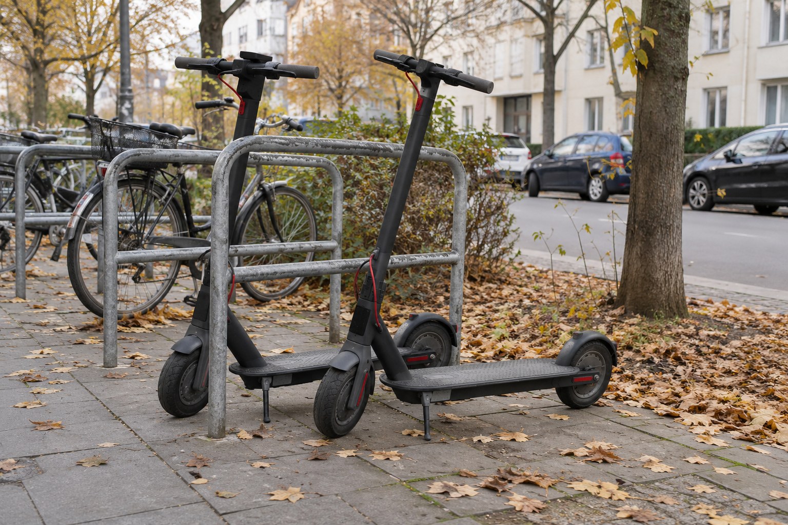 Abgestellte E-Scooter an einem Fahrradständer.