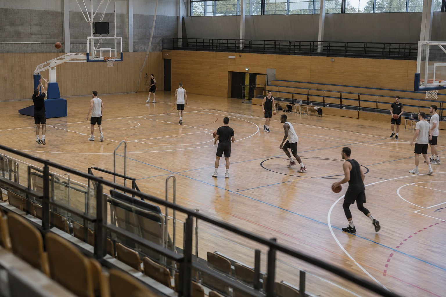 Basketballspieler beim Aufwärmen in einer Halle.