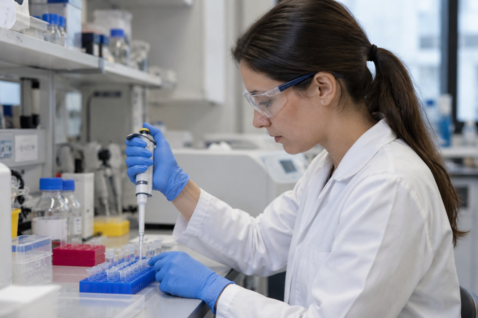 Laborarbeit mit Pipette und Probenröhrchen.