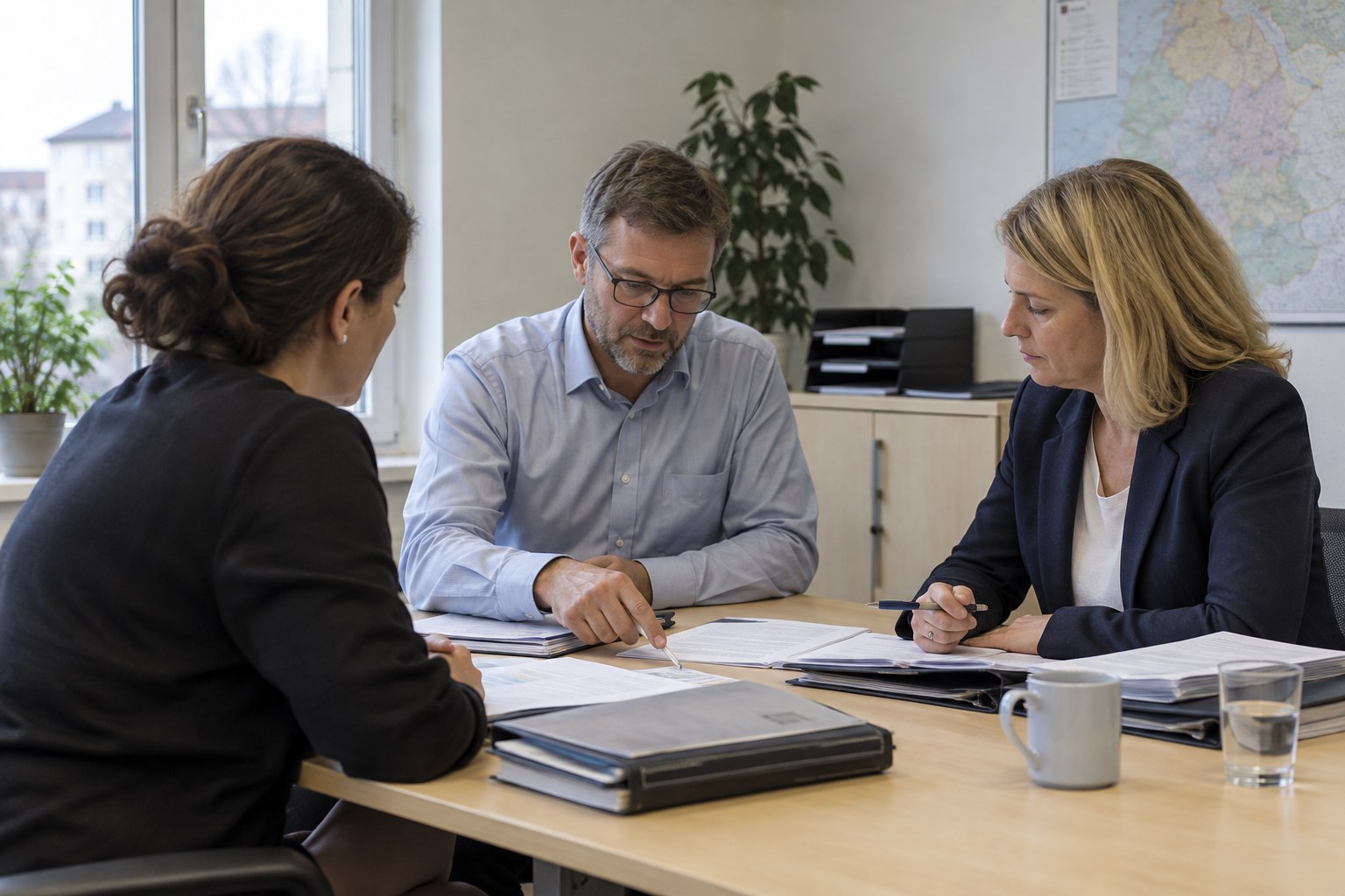 Besprechung über Unterlagen an einem Bürotisch.