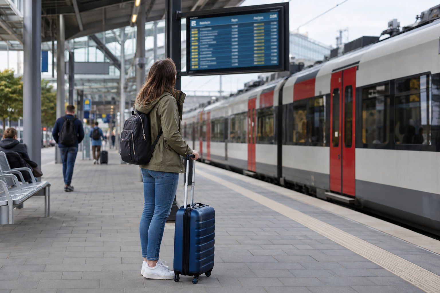 Reisende mit Koffer prüft Informationen am Bahnhof.