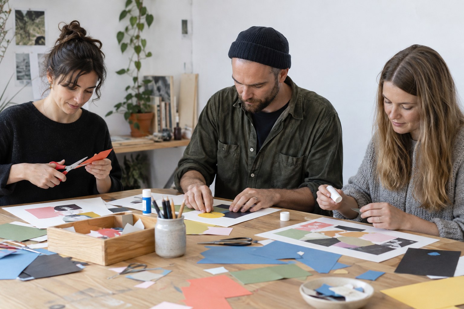 Teilnehmende arbeiten mit farbigem Papier an einem Tisch.