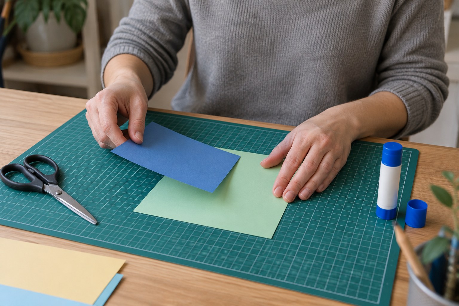 Hände ordnen farbiges Papier auf einer Schneidematte.