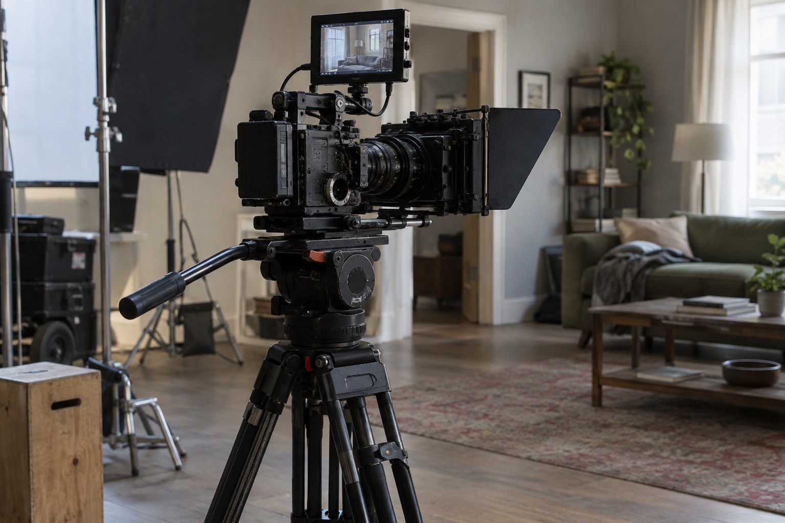 Filmkamera mit Monitor an einem Drehort.