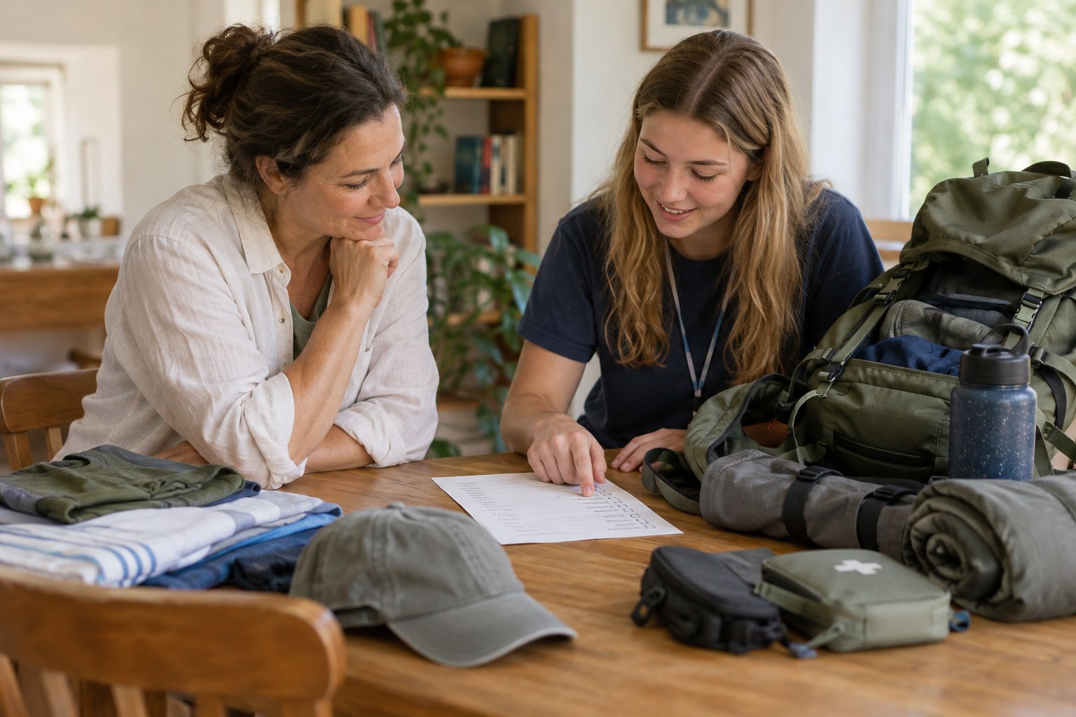 Mutter und Jugendliche prüfen eine Packliste.