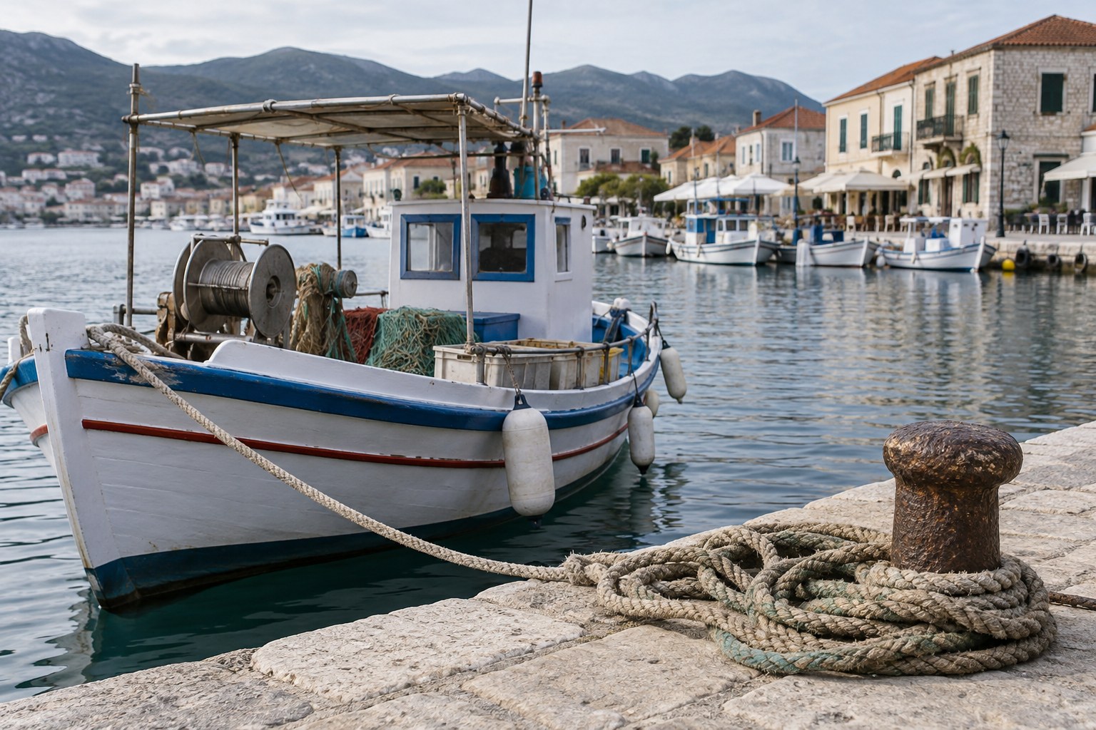 Fischerboote an einer mediterranen Hafenanlage.