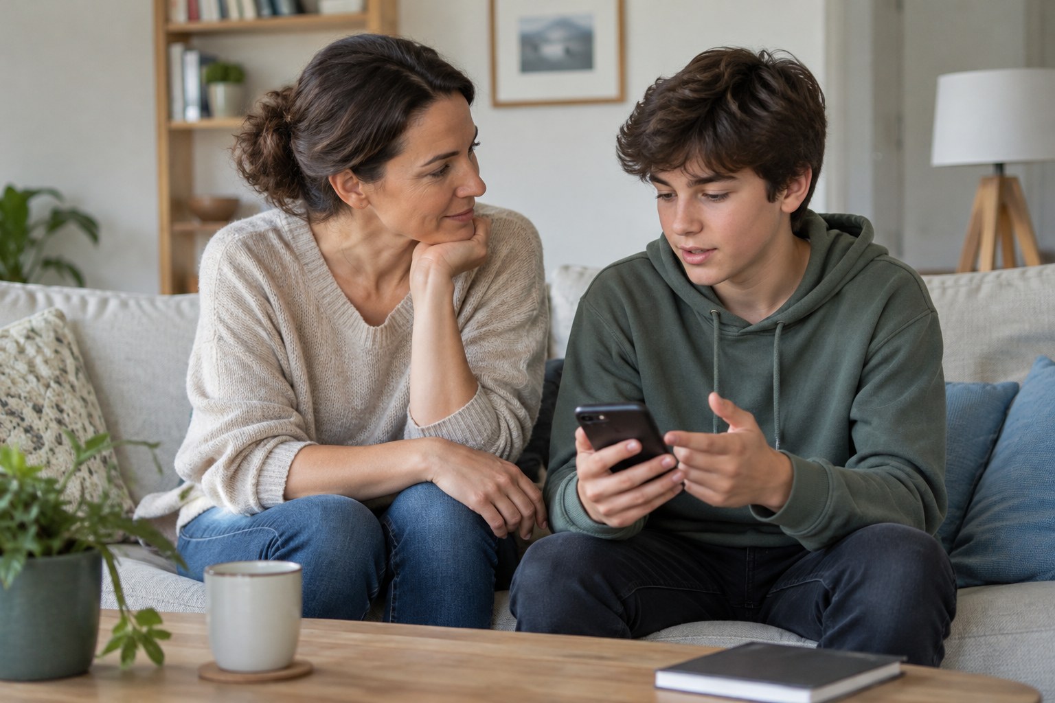 Erwachsene und Jugendliche sprechen gemeinsam über ein Smartphone.