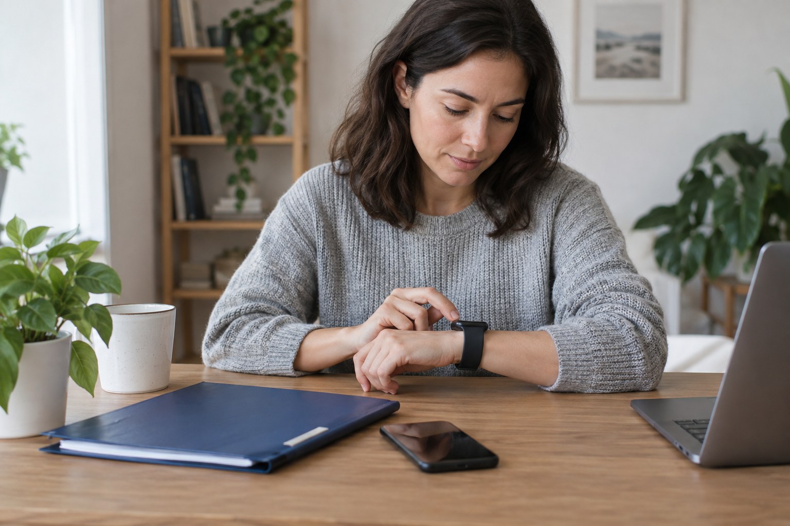 Frau bedient eine Smartwatch am Schreibtisch.