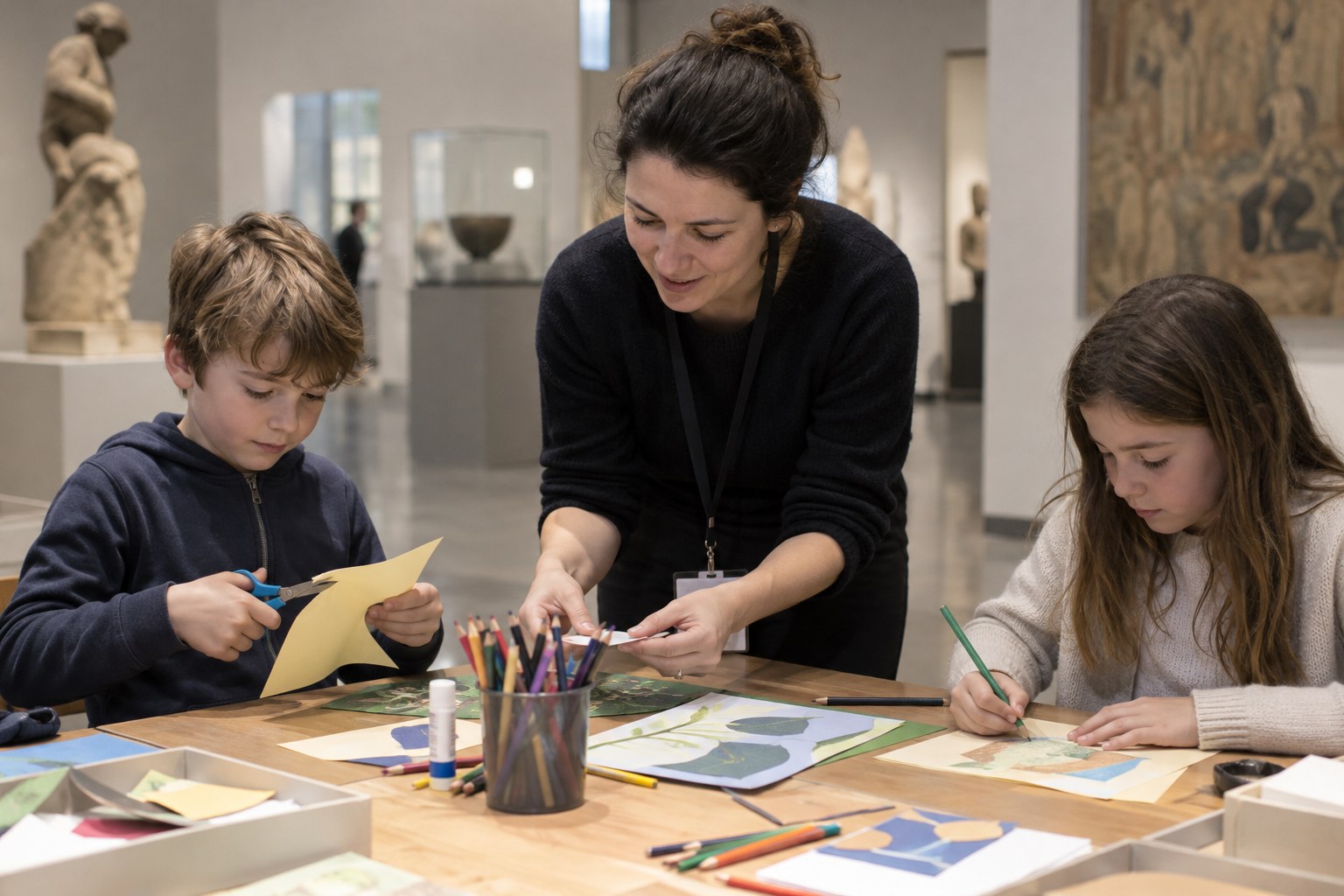 Kinder arbeiten an einem Kunsttisch mit einer Betreuerin.