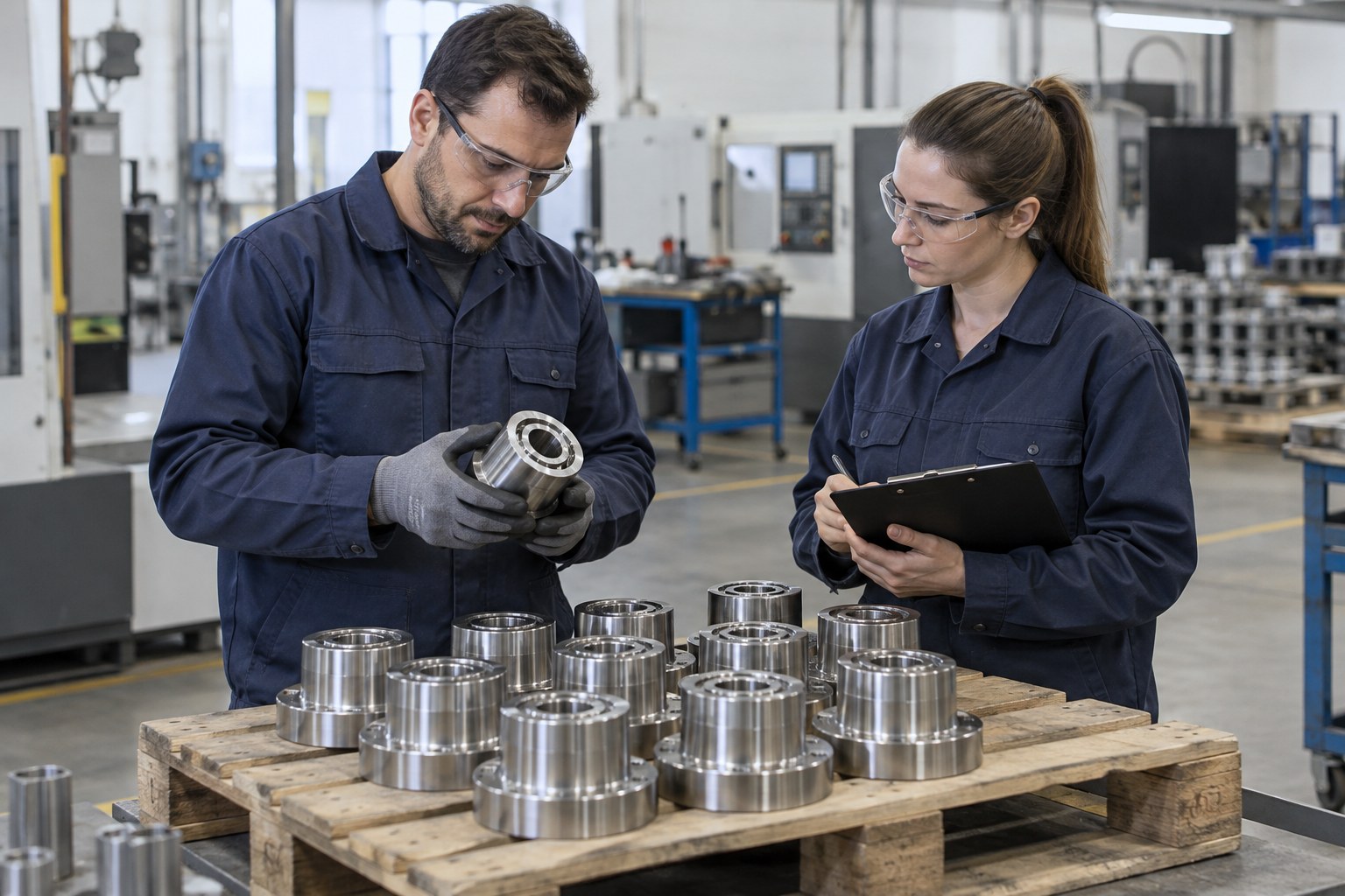 Zwei Beschäftigte prüfen Metallteile in einer Werkhalle.