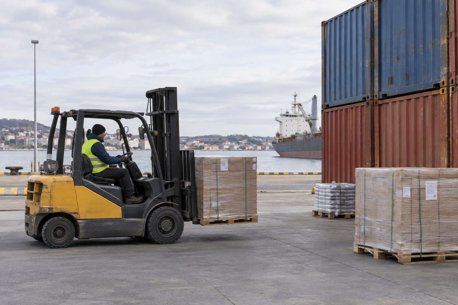 Gabelstapler transportiert eine Palette im Hafen.