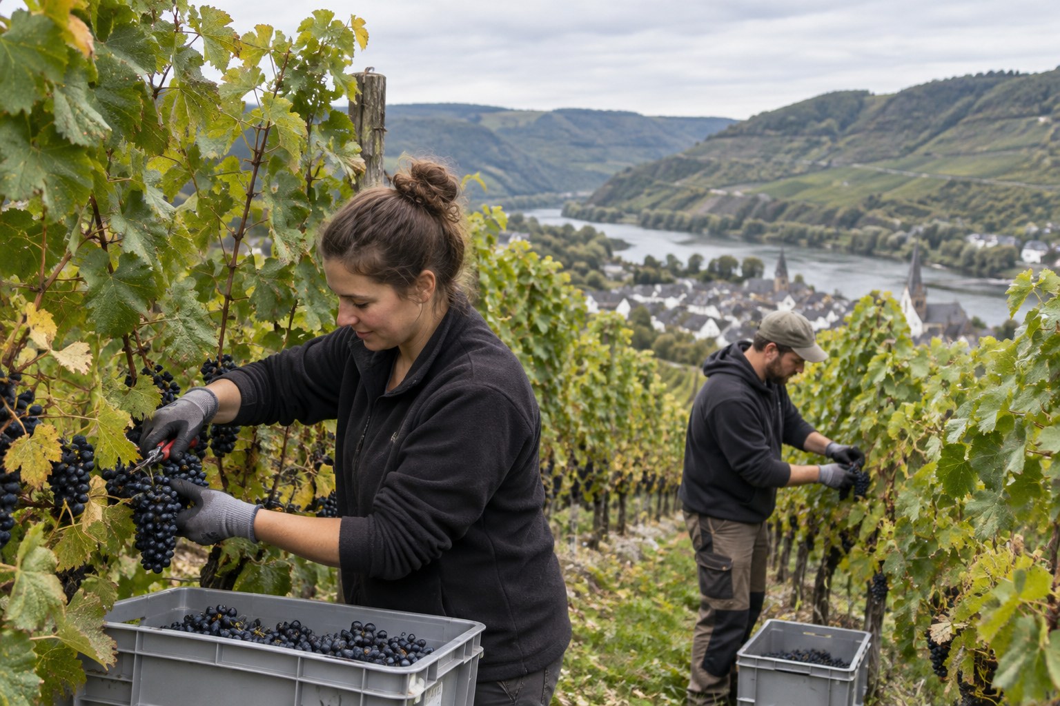 Erntehelferin schneidet Trauben in einem Weinberg.