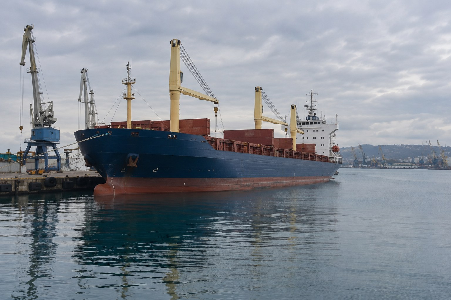 Frachtschiff in einem Hafen bei bedecktem Himmel.