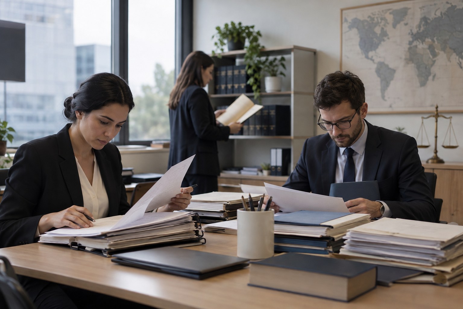 Mitarbeitende prüfen juristische Unterlagen in einem Büro.