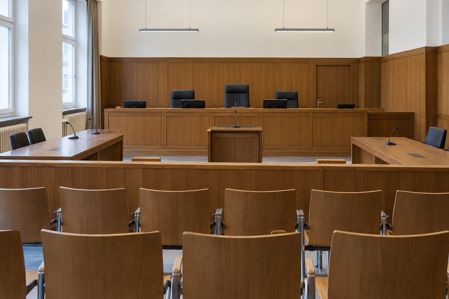 Leerer Sitzungssaal mit Richterbank.