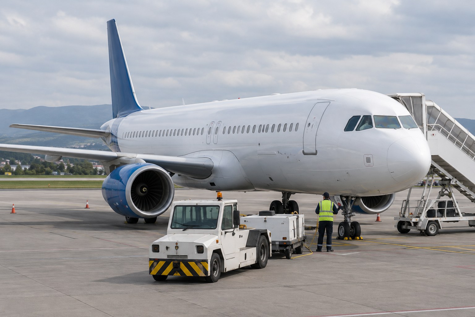 Passagierflugzeug auf einem Flughafenvorfeld.