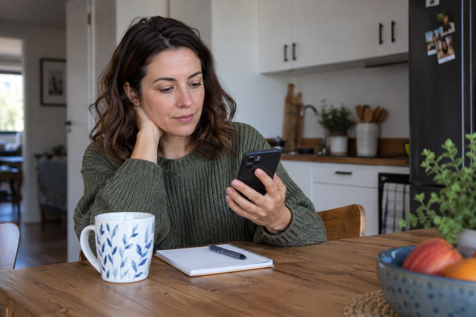 Frau betrachtet ihr Smartphone am Küchentisch.