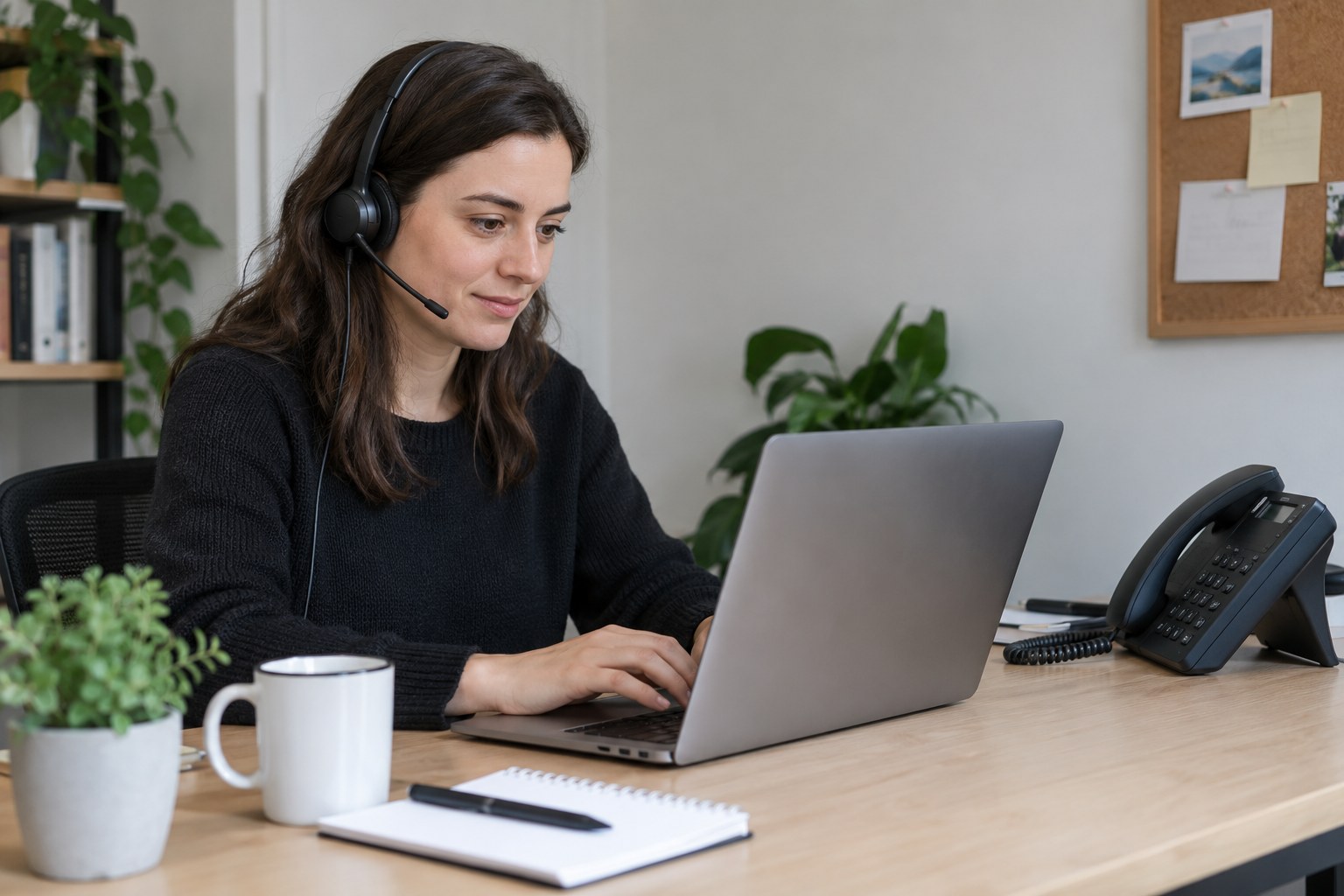 Mitarbeiterin mit Headset an einem Büroarbeitsplatz.