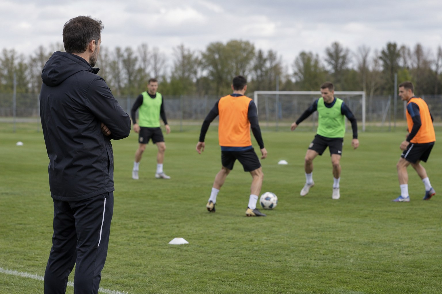 Fußballtrainer begleitet eine Übung auf einem Trainingsplatz.