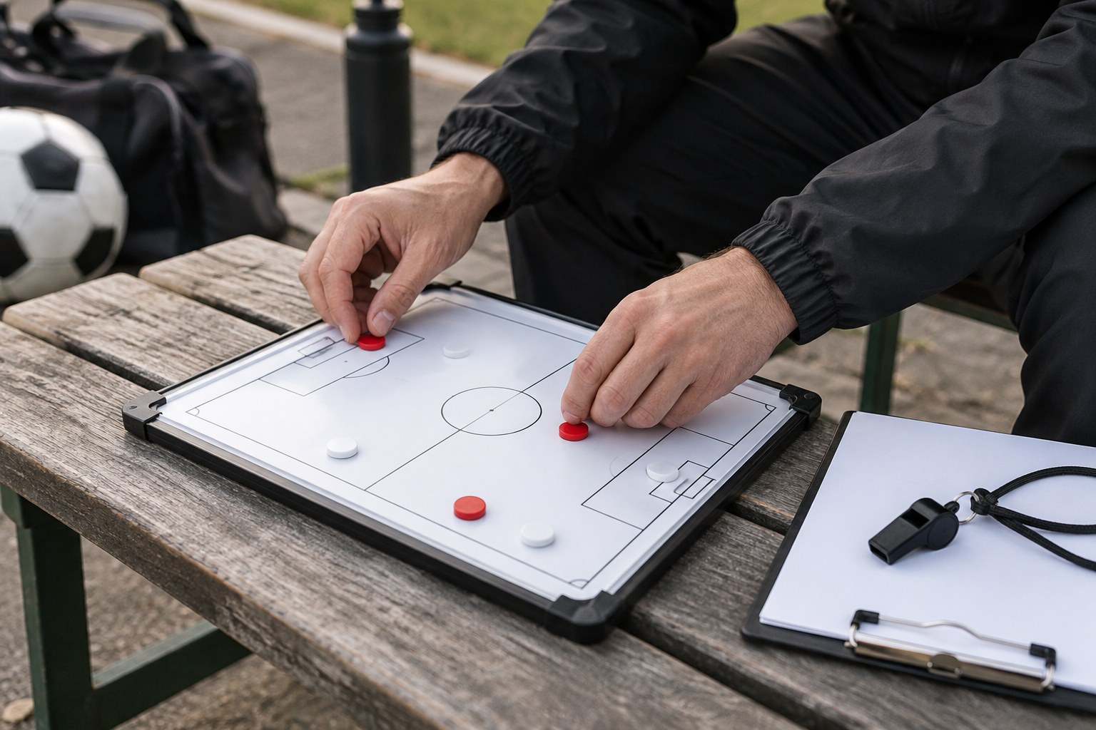 Taktiktafel und Trainingsmaterial am Spielfeldrand.