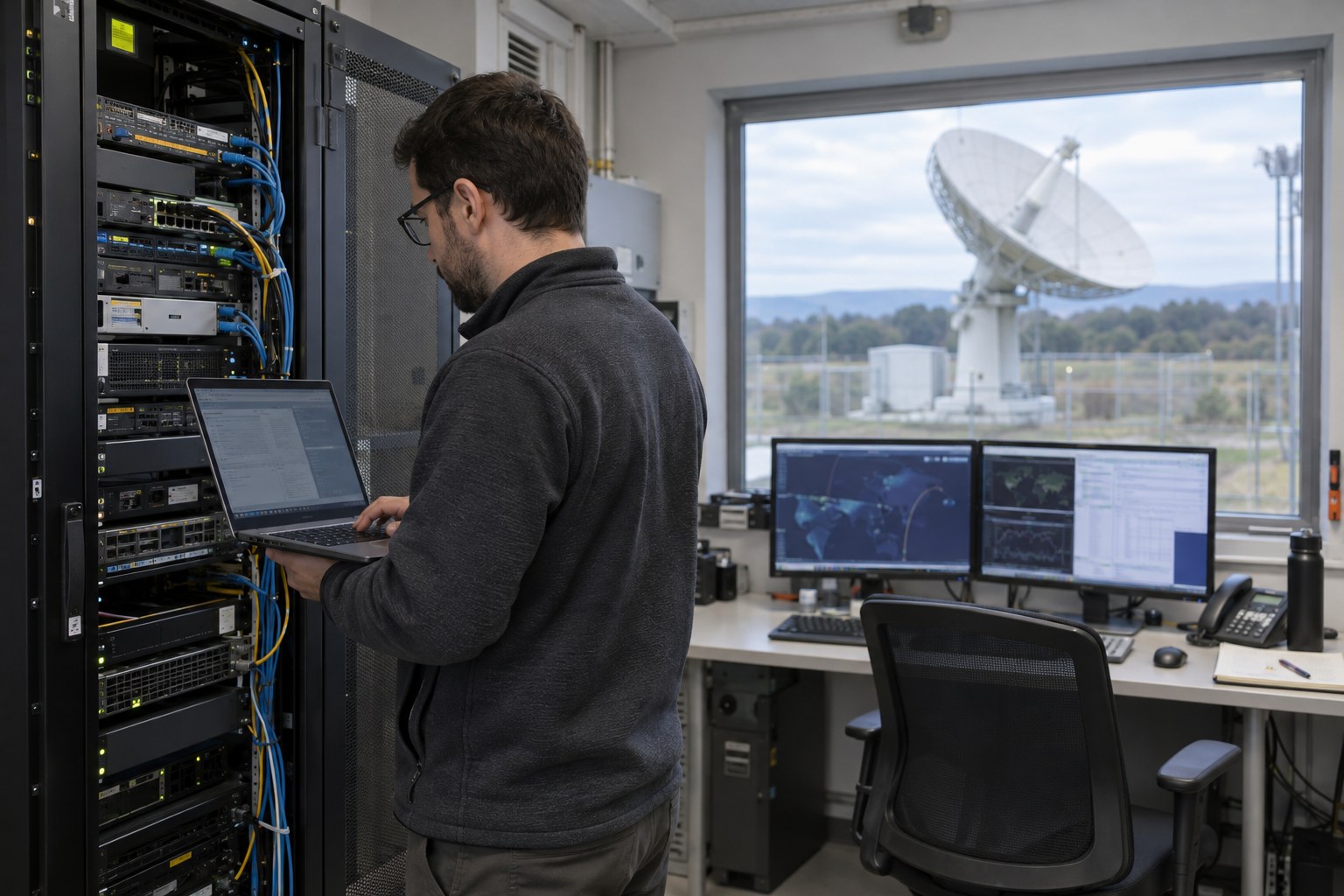 Techniker überprüft Geräte einer Kommunikationsstation.