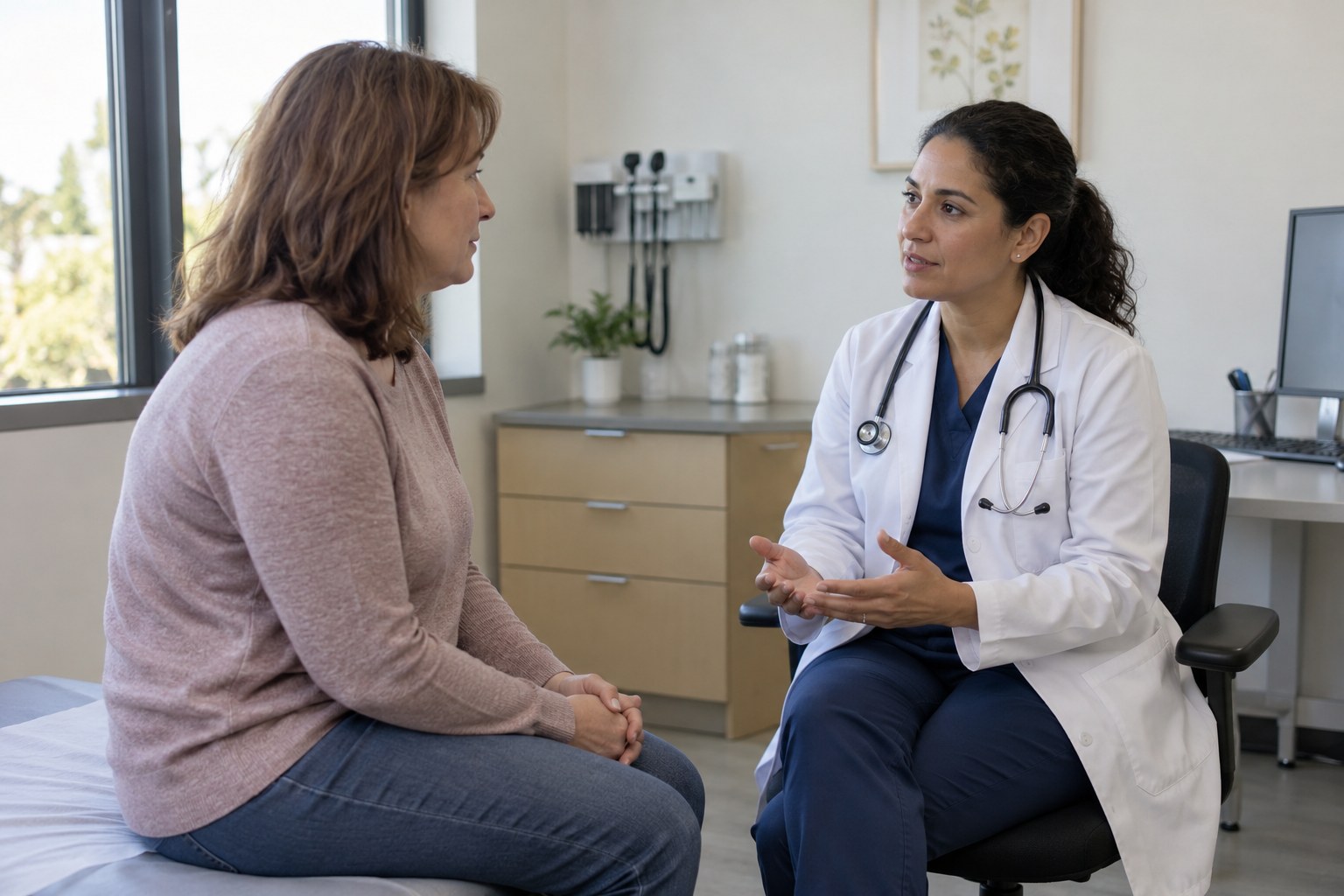 Ärztin und Patientin sprechen in einer Praxis.