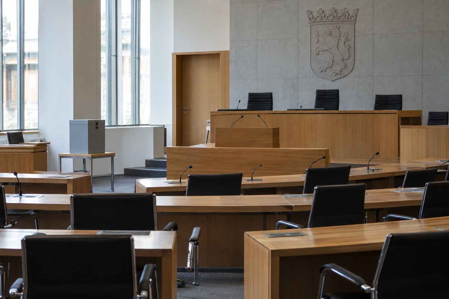 Leerer Plenarsaal mit einer geschlossenen Wahlurne.