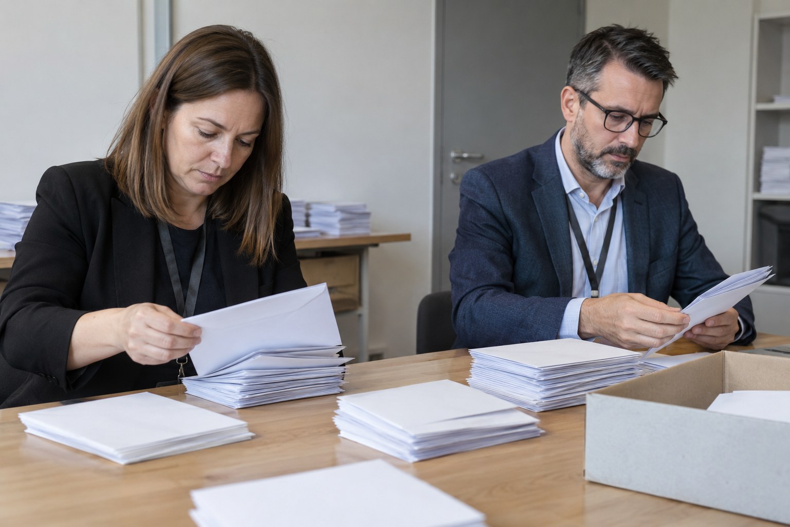 Mitarbeitende sortieren Umschläge an einem Tisch.
