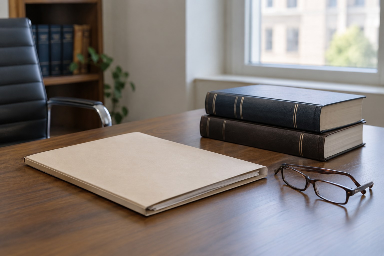 Geschlossene Akten und Rechtsbücher auf einem Schreibtisch.