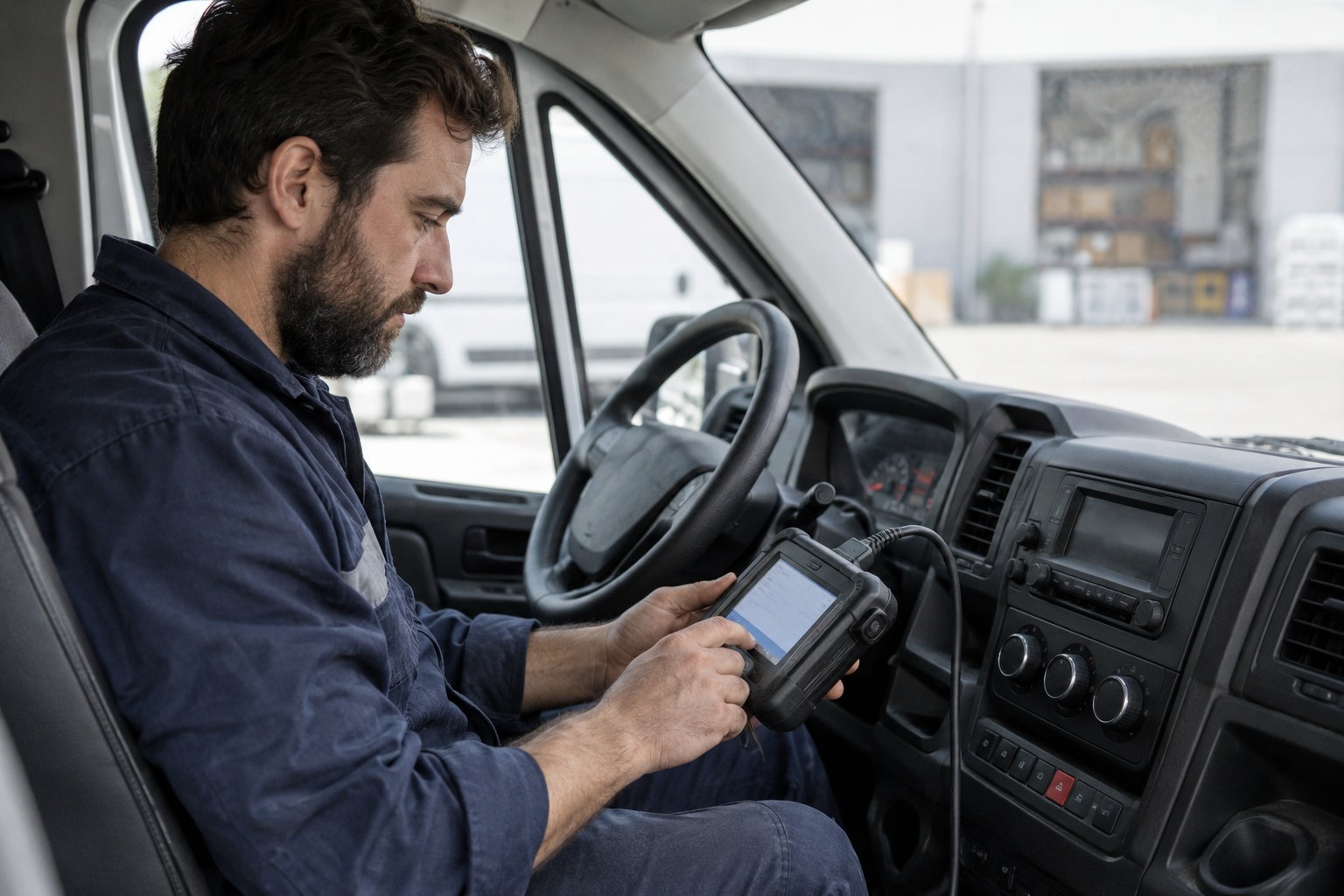 Ein Techniker prüft Fahrzeugdaten in einem abgestellten Transporter.
