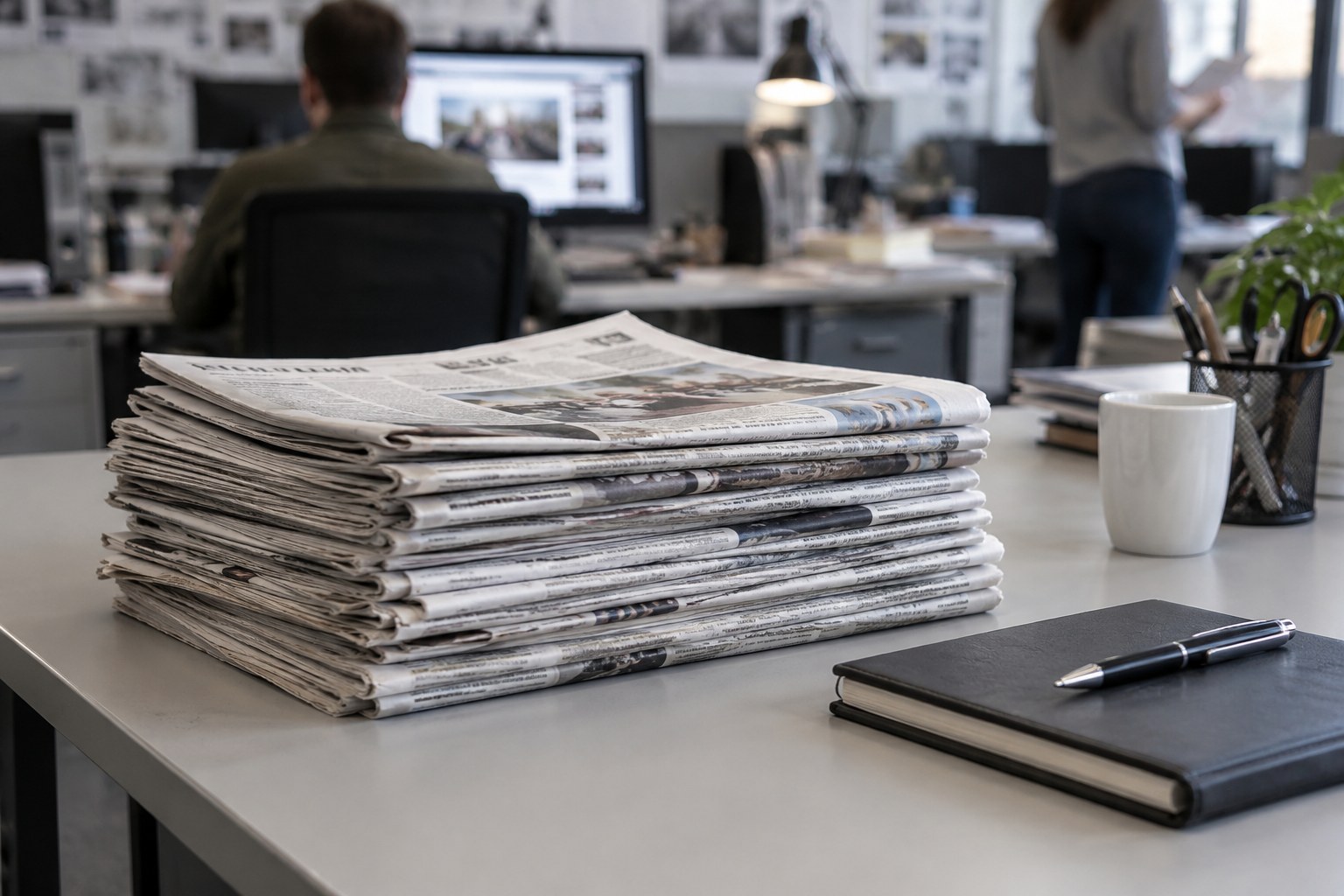 Zeitungsstapel auf einem Arbeitstisch in einer Redaktion.