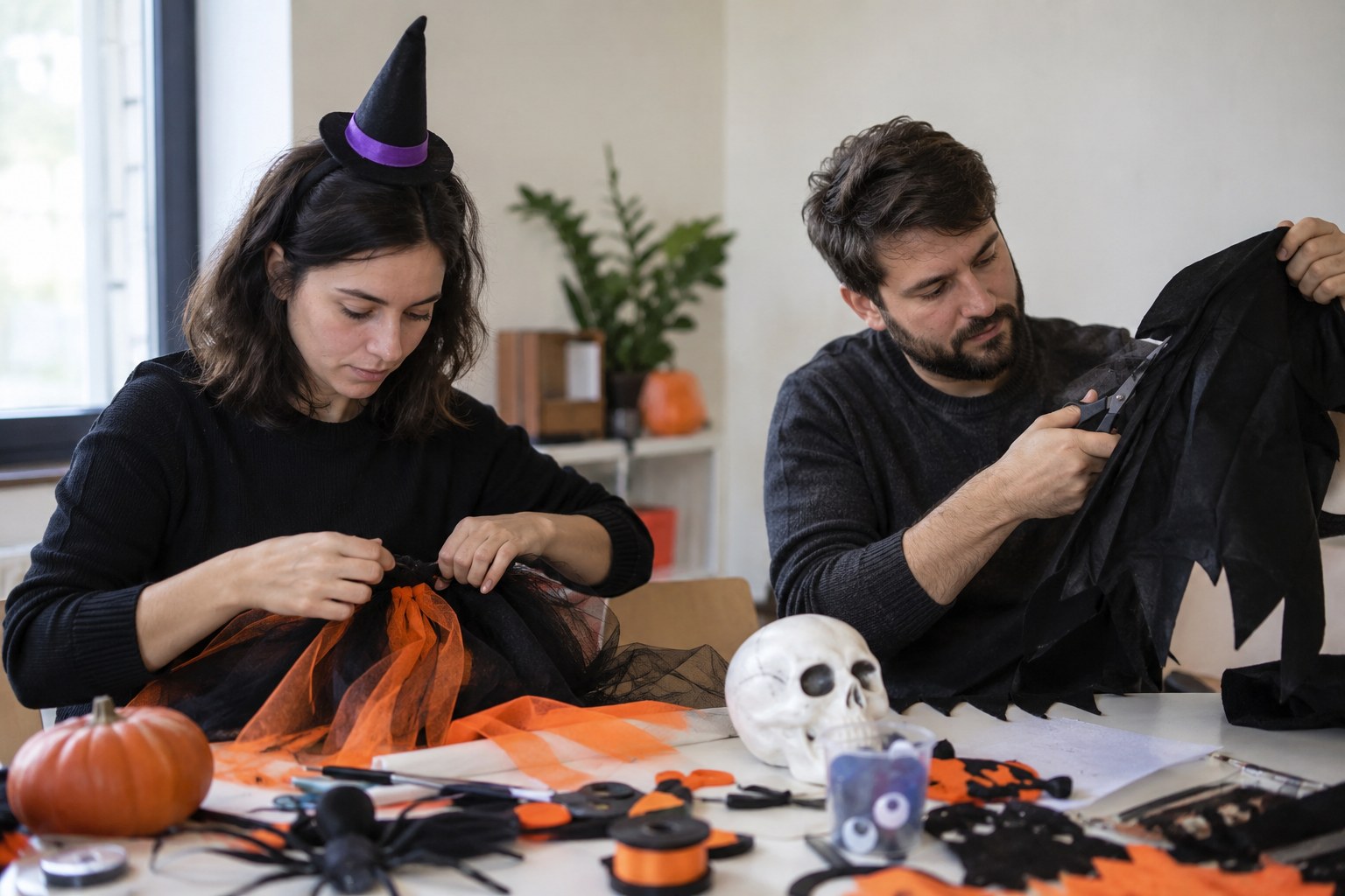 Zwei Erwachsene fertigen Halloween-Kostüme an einem Tisch.
