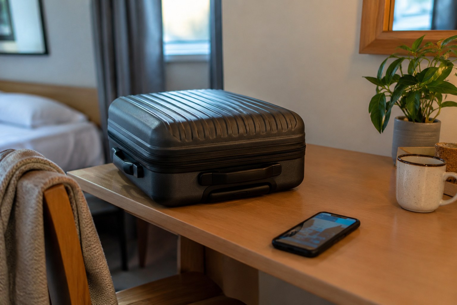 Koffer und Smartphone auf einem Tisch im Zimmer.