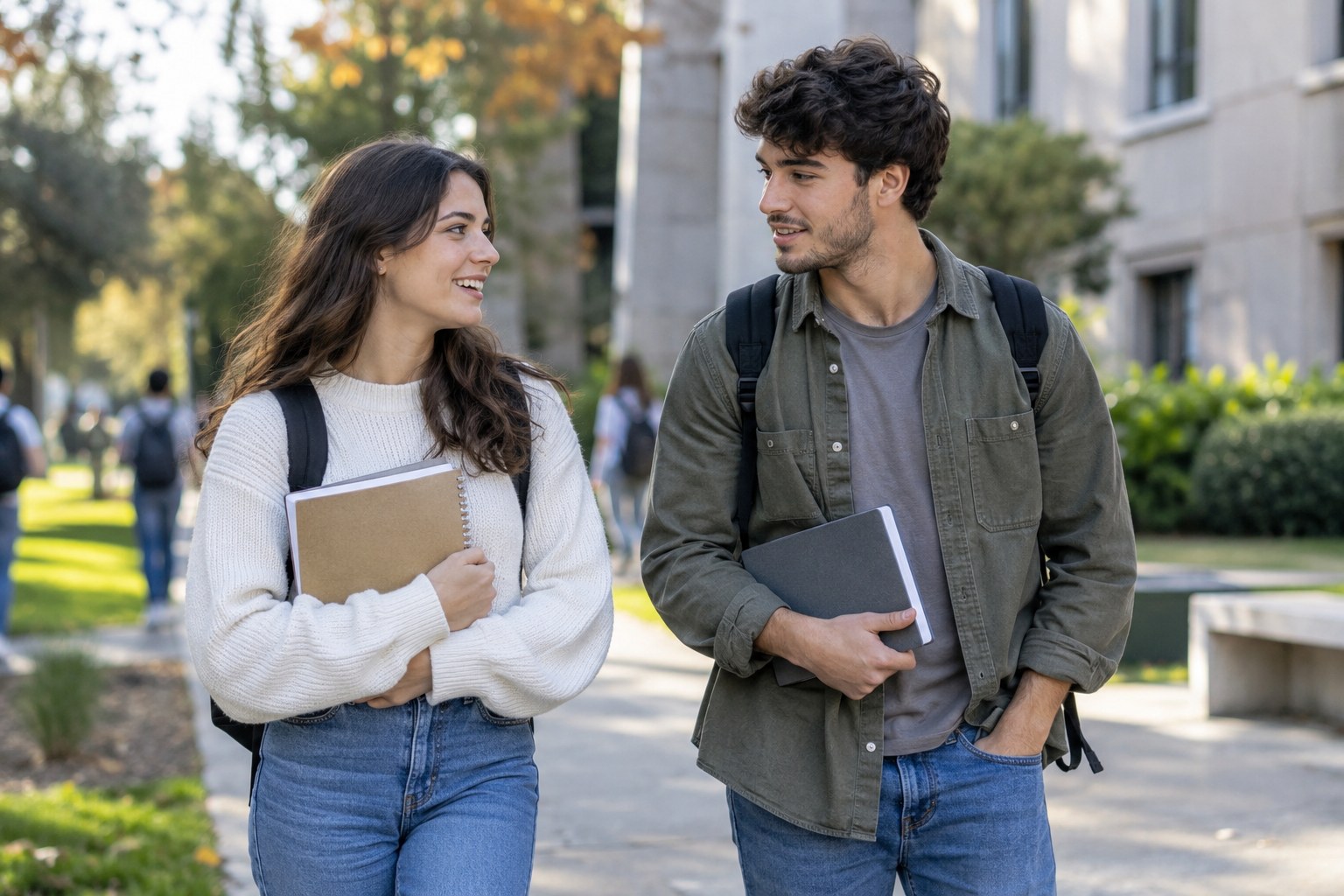 Zwei Studierende mit Unterlagen auf einem Campus.
