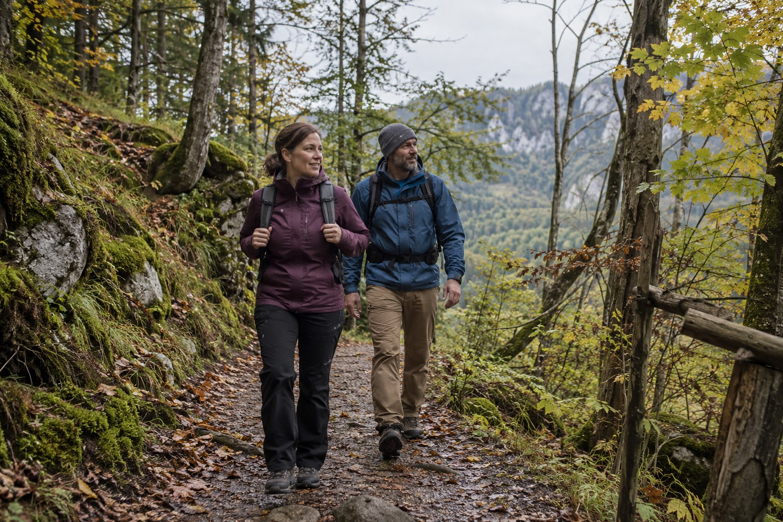 Zwei Wandernde auf einem herbstlichen Waldpfad.