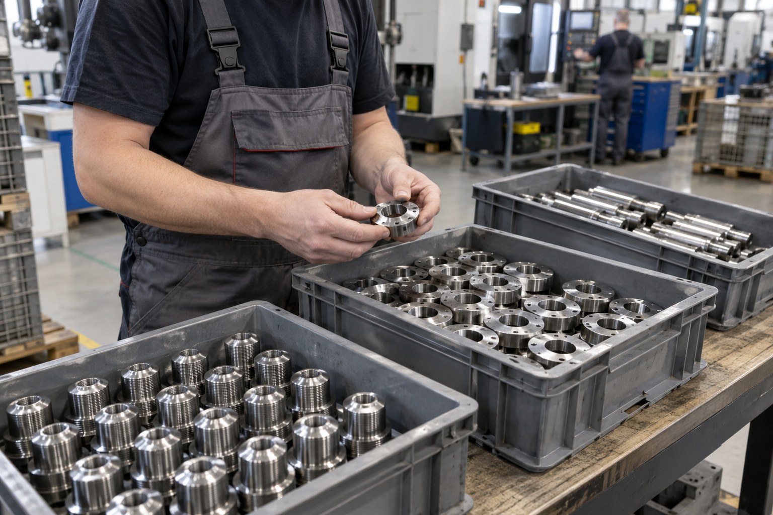 Hände kontrollieren ein Metallbauteil neben Materialkästen.