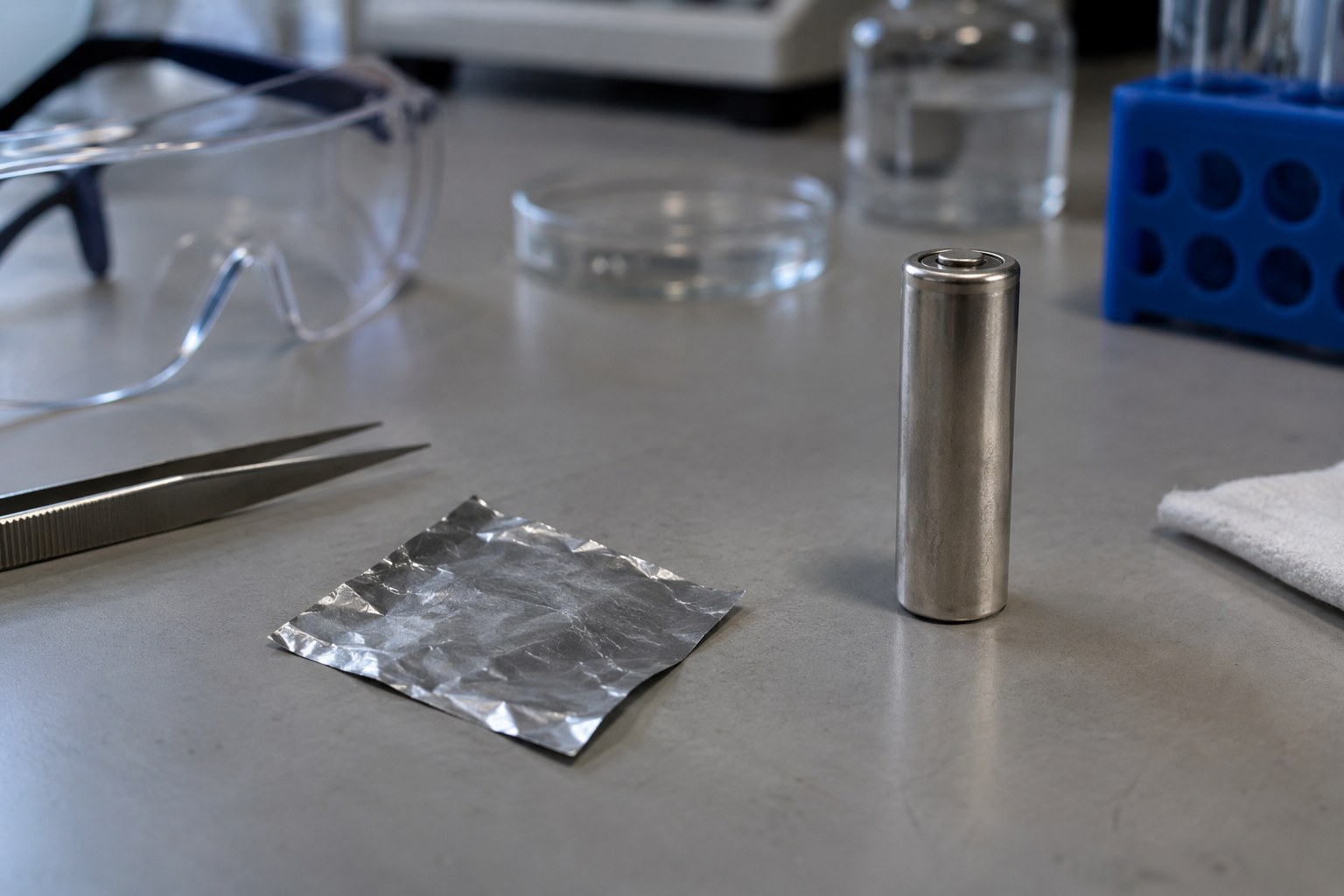 Aluminiumfolie und eine unbeschriftete Batteriezelle auf einer Laborbank.