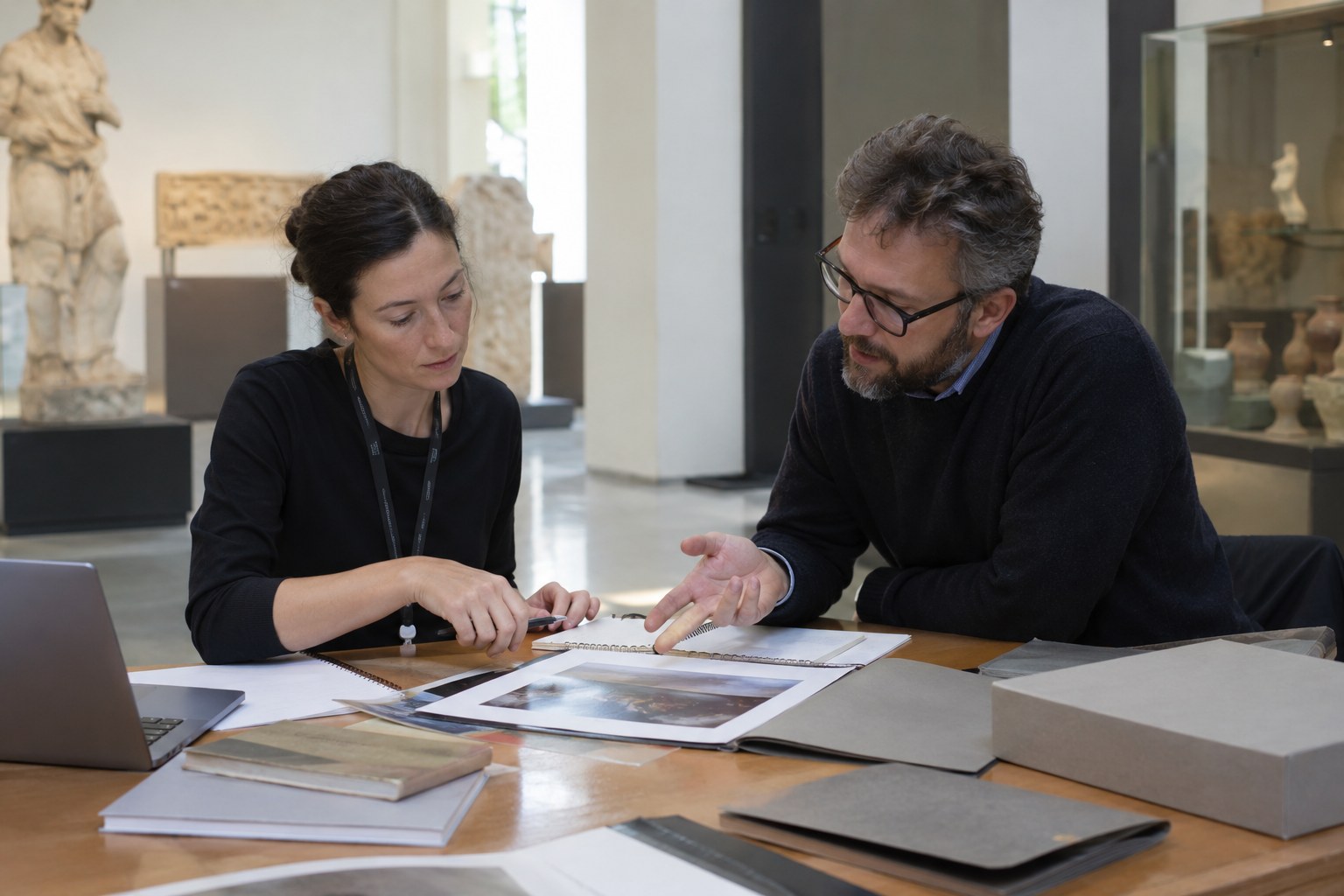 Zwei Museumsmitarbeitende besprechen Ausstellungsmaterial.
