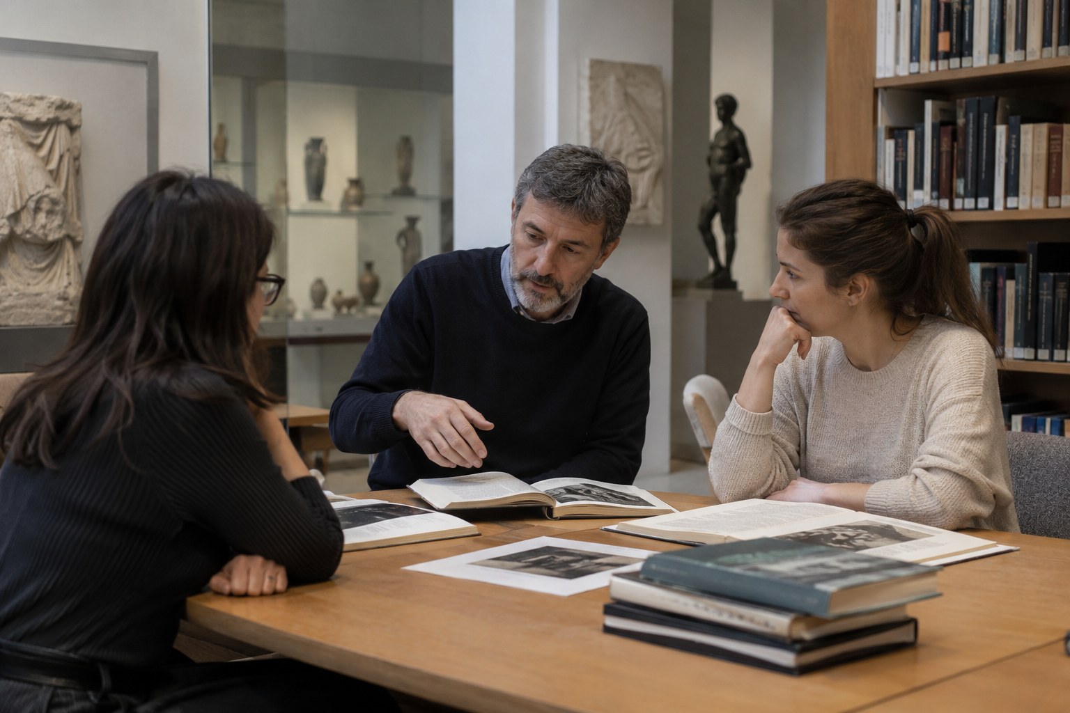 Drei Personen diskutieren Unterlagen in einem Museumsraum.
