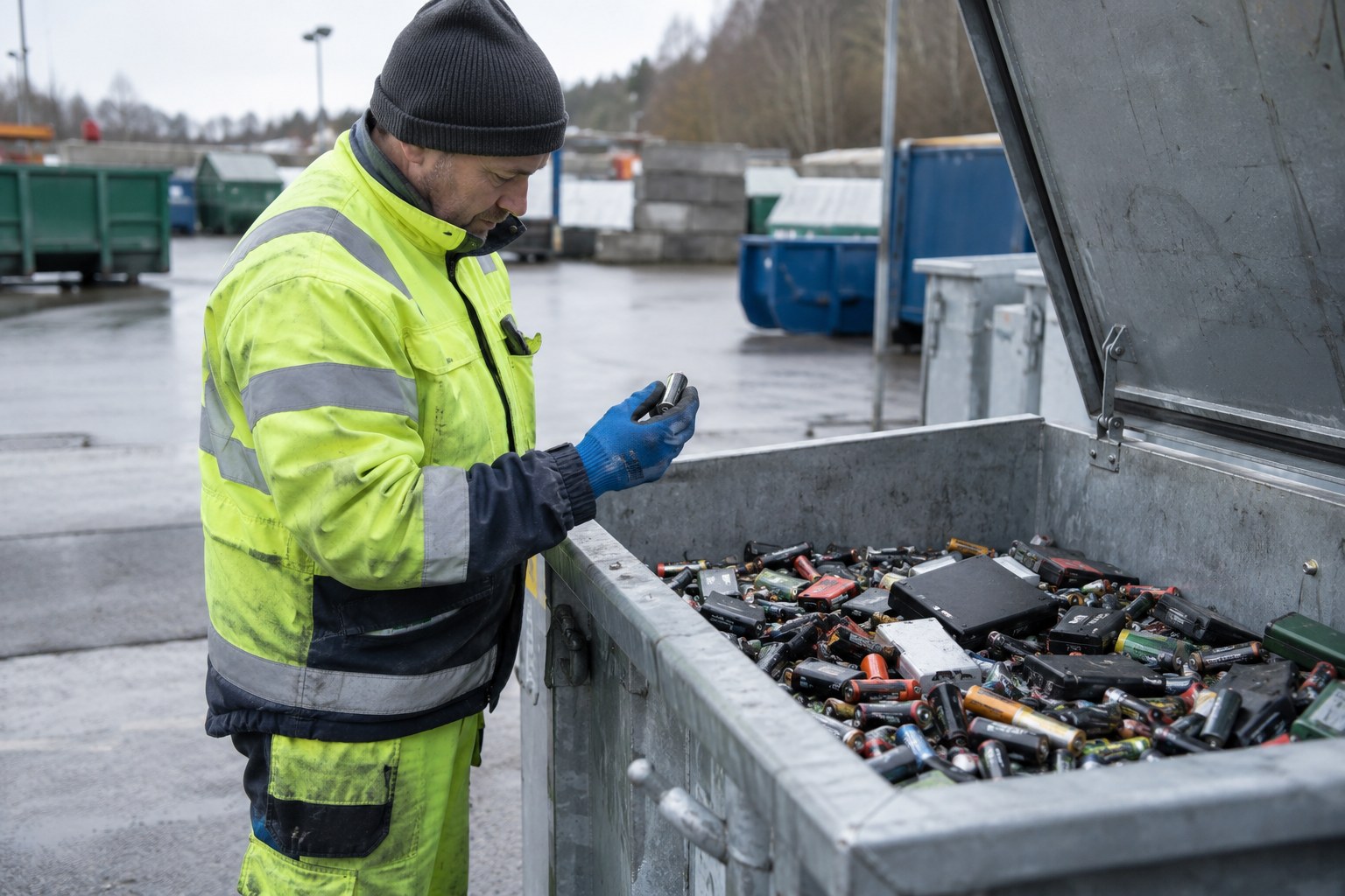 Ein Mitarbeiter prüft Batterien an einer Sammelstelle.