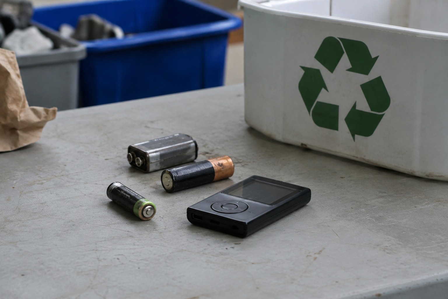 Gebrauchte Batterien und ein kleines Elektrogerät auf einem Tisch.