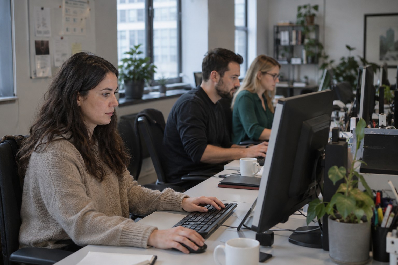 Drei Beschäftigte besprechen Unterlagen im Büro.